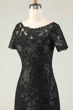Black A Line Appliqued Satin Long Mother of the Bride Dress