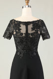 Black A Line Appliqued Satin Long Mother of the Bride Dress