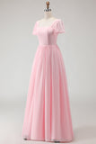 Candy Pink A-Line Flutter Sleeves Long Bridesmaid Dress with Lace Up Back