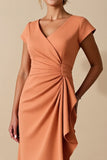 Orange Sheath Ruffled Midi Mum of the Bride Dress