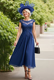 Navy A Line Midi Mum of the Bride Dress with Appliques