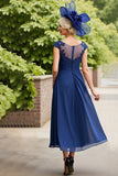 Navy A Line Midi Mum of the Bride Dress with Appliques