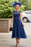 Navy A Line Midi Mum of the Bride Dress with Appliques