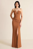 Brown Mermaid Strapless Long Formal Dress with Slit