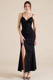 Black Mermaid Satin Ruched Long Formal Dress with Lace