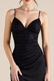 Black Mermaid Satin Ruched Long Formal Dress with Lace