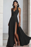 Black A Line Halter Chiffon Long Pleated Formal Dress with Slit