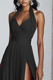 Black A Line Halter Chiffon Long Pleated Formal Dress with Slit