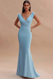 Sky Blue Mermaid Ruched V-Neck Long Formal Dress