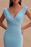 Sky Blue Mermaid Ruched V-Neck Long Formal Dress