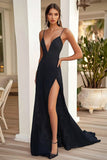 Black Spaghetti Straps Long Formal Dress With Slit