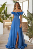 Off The Shoulder Blue A Line Formal Dress With Slit