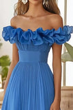 Off The Shoulder Blue A Line Formal Dress With Slit