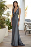 Dark Grey V Neck Ruched Formal Dress