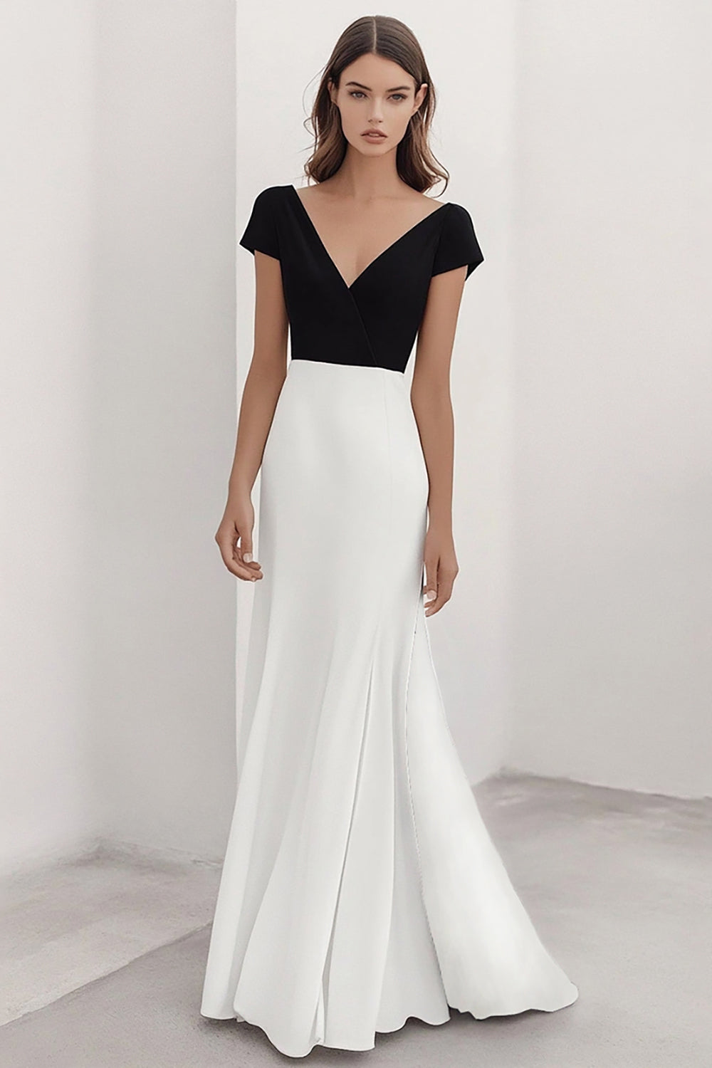 WEDTREND Women A Line Formal Dress Short Sleeves White V Neck Simple Long Evening Dress Wedtrend UK WEDTREND Women A Line Formal Dress Short Sleeves White V Neck Simple Long Evening Dress Wedtrend UK