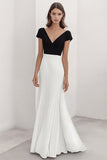 A Line White V Neck Formal Dress with Short Sleeves