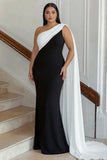 Black and White Mermaid One Shoulder Plus Size Long Formal Dress with Streamer