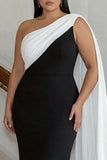 Black and White Mermaid One Shoulder Plus Size Long Formal Dress with Streamer