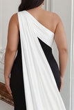 Black and White Mermaid One Shoulder Plus Size Long Formal Dress with Streamer