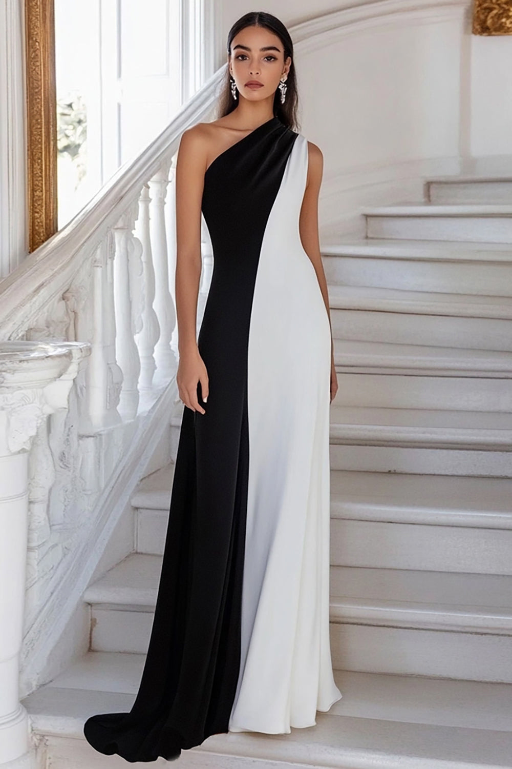 WEDTREND Women One Shoulder Formal Dress Black And White A Line Long Evening Dress Wedtrend UK WEDTREND Women One Shoulder Formal Dress Black And White A Line Long Evening Dress Wedtrend UK