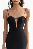 Black Appliqued Spaghetti Straps Long Formal Dress