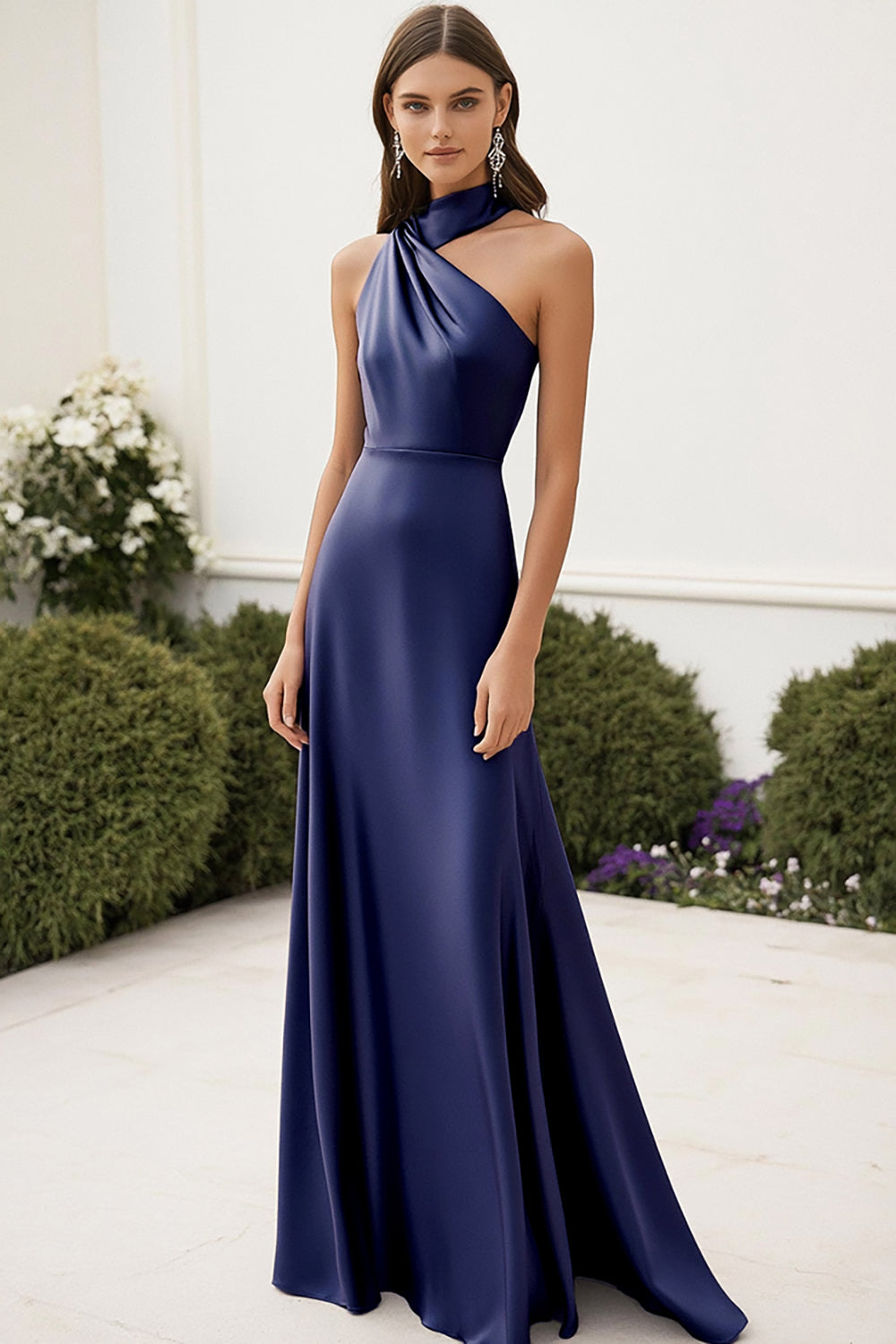 Navy Satin Halter A Line Long Formal Dress Navy Satin Halter A Line Long Formal Dress