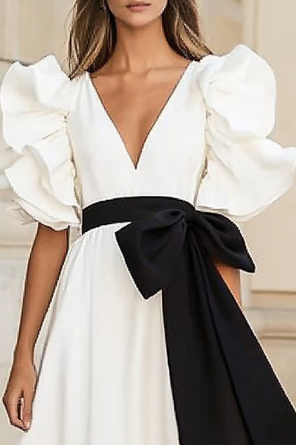 WEDTREND Women Black and white Satin Long Formal Dress A Line V Neck Ruffled Half Sleeves Wedding Guest Dress – Wedtrend UK