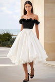 Off The Shoulder A Line Black and White Dress with Ruffles