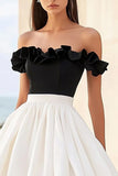 Off The Shoulder A Line Black and White Dress with Ruffles