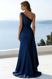 One Shoulder Mermaid Navy Ruched Formal Dress