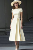 Yellow A Line Round Neck Midi Mum of the Bride Dress