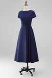Yellow A Line Round Neck Midi Mum of the Bride Dress