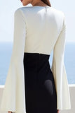 Black and Ivory A Line Midi Work Dress with Long Sleeves