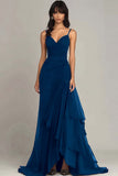Dark Green A Line Spaghetti Straps Ruffled Formal Dress