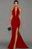 Mermaid Black Halter Satin Long Evening Dress with Slit