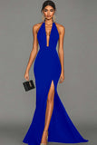 Mermaid Black Halter Satin Long Evening Dress with Slit