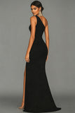 Black Mermaid One Shoulder Evening Dress with Slit