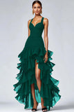 Ruffled Organza High-Low Black Evening Dress with Slit