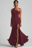 Plum Chiffon One Shoulder Mermaid Evening Dress with Slit