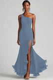 Plum Chiffon One Shoulder Mermaid Evening Dress with Slit