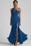 Plum Chiffon One Shoulder Mermaid Evening Dress with Slit