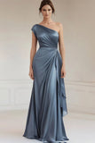 One Shoulder Grey Blue Ruched Long Formal Dress