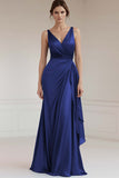 Grey Blue V Neck A Line Long Formal Dress