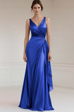 Grey Blue V Neck A Line Long Formal Dress
