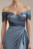 Off The Shoulder A Line Long Grey Blue Formal Dress