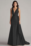 Champagne V Neck Sheath Long Formal Dress with Side Streamer