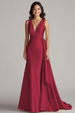 Champagne V Neck Sheath Long Formal Dress with Side Streamer