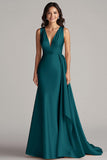 Champagne V Neck Sheath Long Formal Dress with Side Streamer