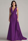 Champagne V Neck Sheath Long Formal Dress with Side Streamer