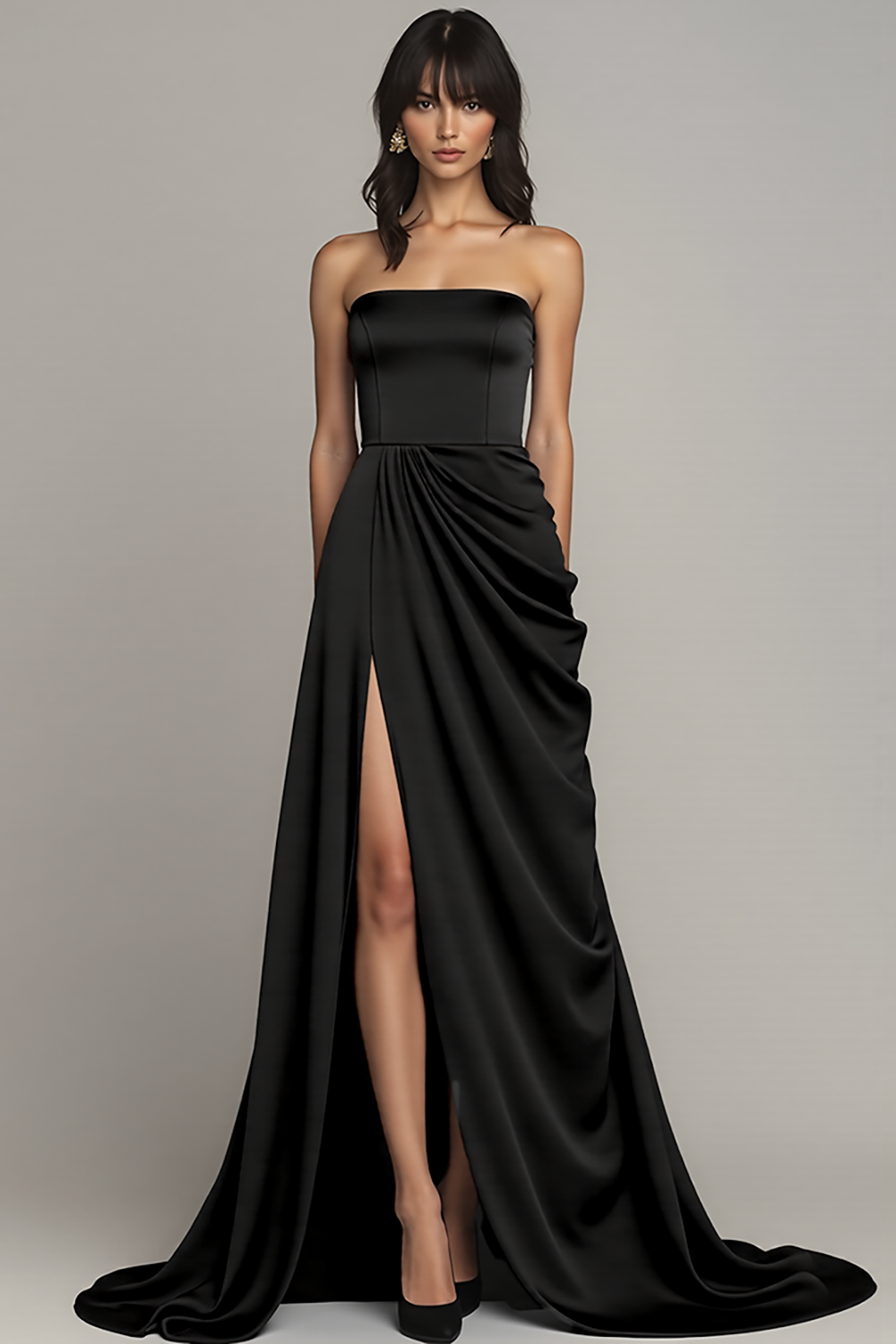 WEDTREND Women Black Formal Dress With Slit A Line Ruched Strapless